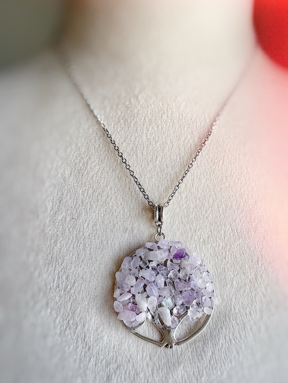 Silver Tree of Life Pendant Necklace with Light Purple Gemstones